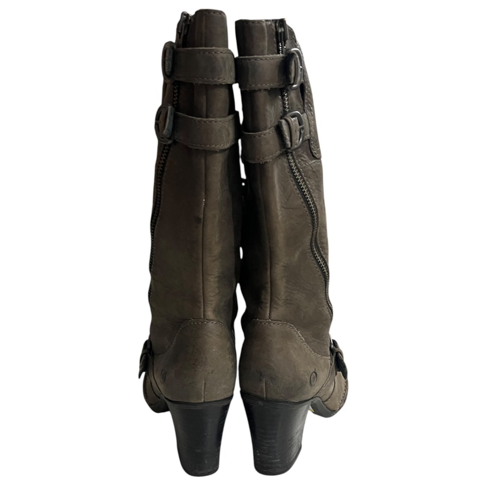Born Tall Leather Moto Boots Gray Brown Buckle Zip Block Heel Women's 8.5 - Picture 5 of 9
